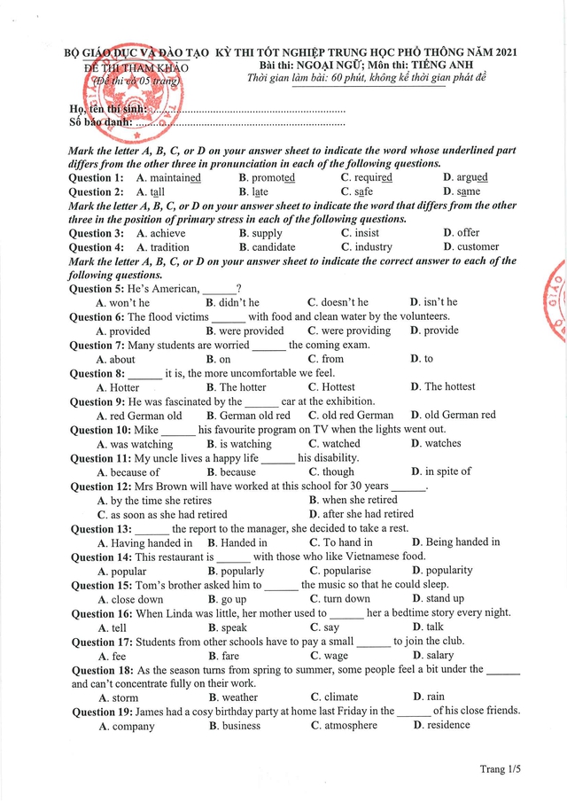 Bộ GDĐT công bố đề thi tham khảo tốt nghiệp THPT 2021 (tiếp theo) - Ảnh 1.