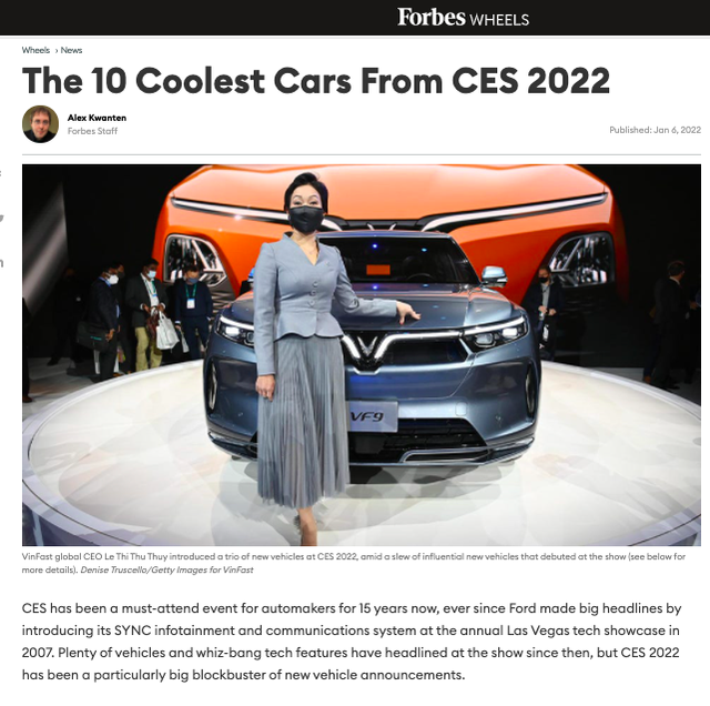 VinFast lọt top 10 mẫu ô tô “tuyệt vời nhất” tại CES 2022 - Ảnh 1.
