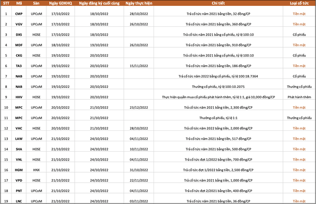 Lịch chốt quyền cổ tức, thưởng, chào bán cổ phiếu tuần 17/10 - 21/10  - Ảnh 1.