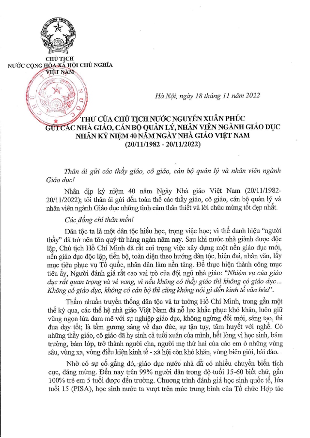 Chủ tịch nước Nguyễn Xuân Phúc gửi thư tới các nhà giáo, cán bộ quản lý, nhân viên ngành Giáo dục - Ảnh 1.