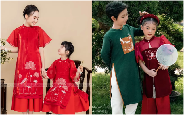 Áo dài thêu hoa sen phối chân váy alberkids đỏ cho mẹ và bé gái cho trẻ em