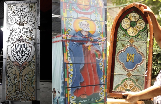 Tấm hình từ thế kỷ thứ 12 (phải) được lắp ghép từ hàng trăm mảnh kính sắc mầu. Ngày nay ông Vinh chỉ sử dụng 1 tấm kính lớn sau đó vẽ tạo hình
