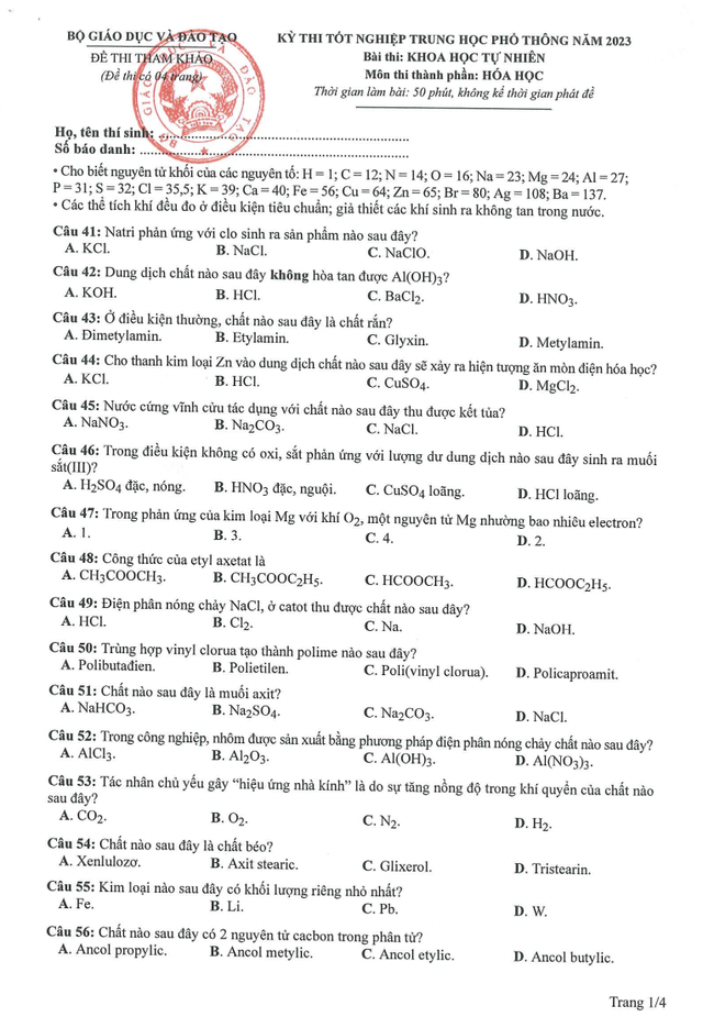 Đề thi minh họa tốt nghiệp THPT năm 2023 môn Hoá học - Ảnh 1.
