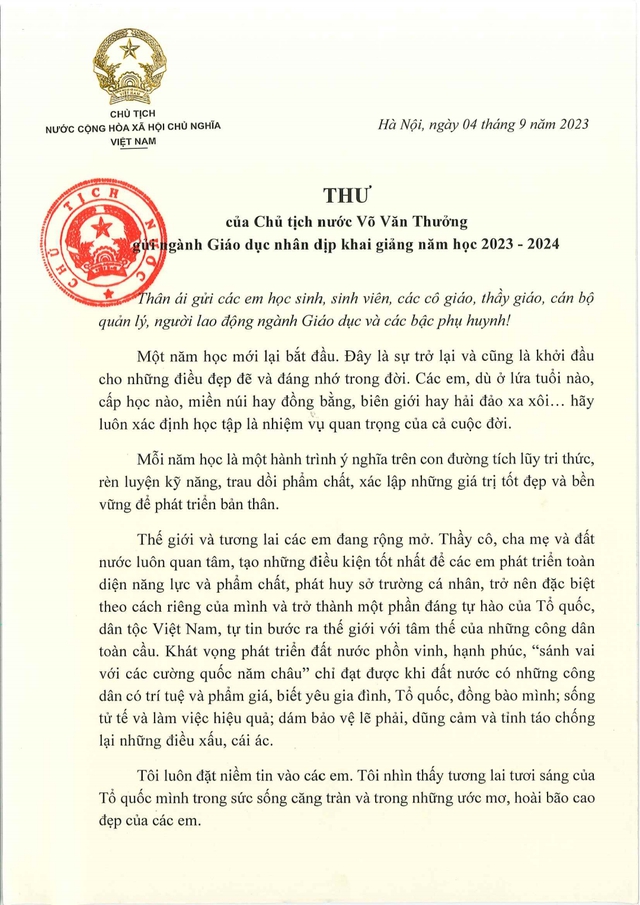 Chủ tịch nước Võ Văn Thưởng gửi thư cho ngành Giáo dục nhân dịp khai giảng năm học 2023-2024 - Ảnh 1.