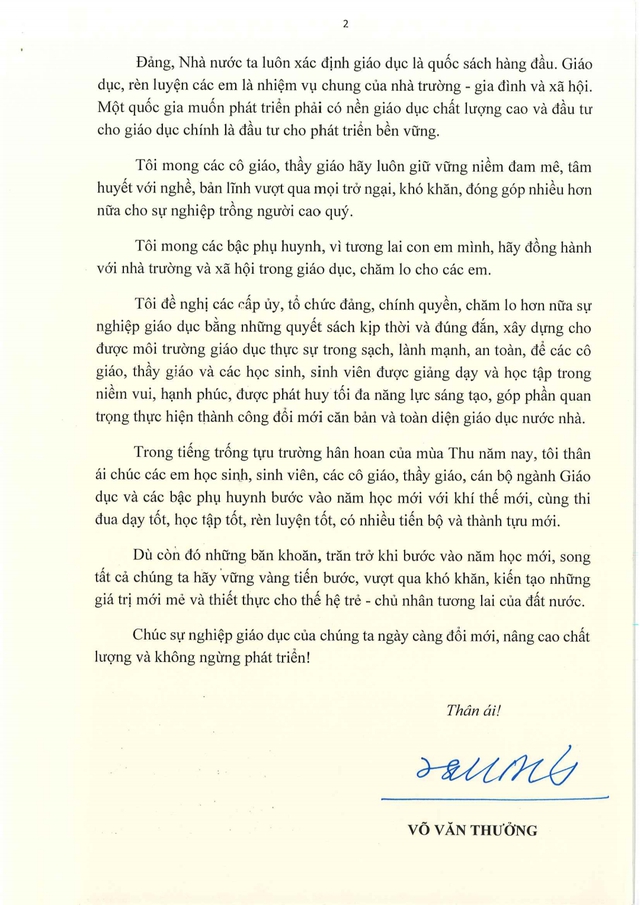Chủ tịch nước Võ Văn Thưởng gửi thư cho ngành Giáo dục nhân dịp khai giảng năm học 2023-2024 - Ảnh 2.