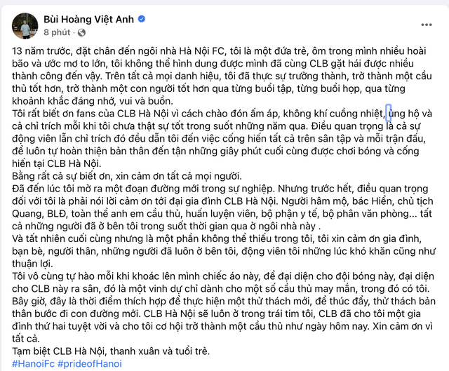 Bùi Hoàng Việt Anh nhận gần 20 tỷ đồng khi đến đội bóng mới, viết tâm thư xúc động chia tay CLB Hà Nội - Ảnh 2.
