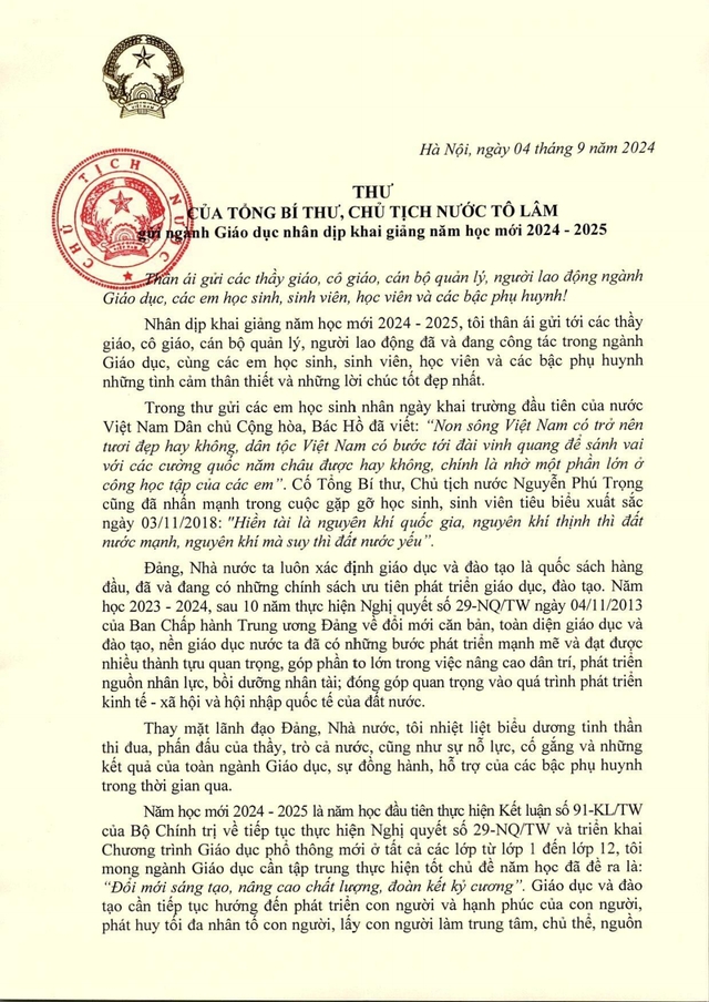 Thư của Tổng Bí thư, Chủ tịch nước Tô Lâm gửi ngành Giáo dục nhân dịp khai giảng năm học 2024-2025 - Ảnh 1.