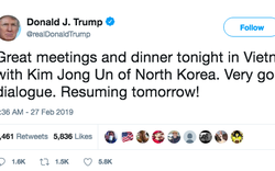 Twitter của Tổng thống Trump và Nhà Trắng đồng loạt phản ứng hào hứng về cuộc gặp với Chủ tịch Kim Jong-un