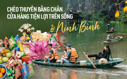 Du khách nước ngoài ngạc nhiên trước cảnh chèo thuyền bằng chân và bánh kẹo được bán trên sông ở Ninh Bình