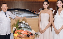 Hoa hậu Lương Thuỳ Linh và Đỗ Hà chấp nhận thử thách làm sushi cá ngừ với bếp trưởng người Nhật